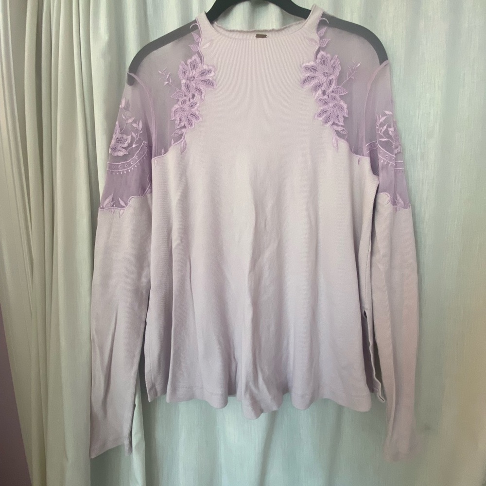 Free People Romantic Lilac Long Sleeve Top with Mesh Shoulders Floral Embroidery